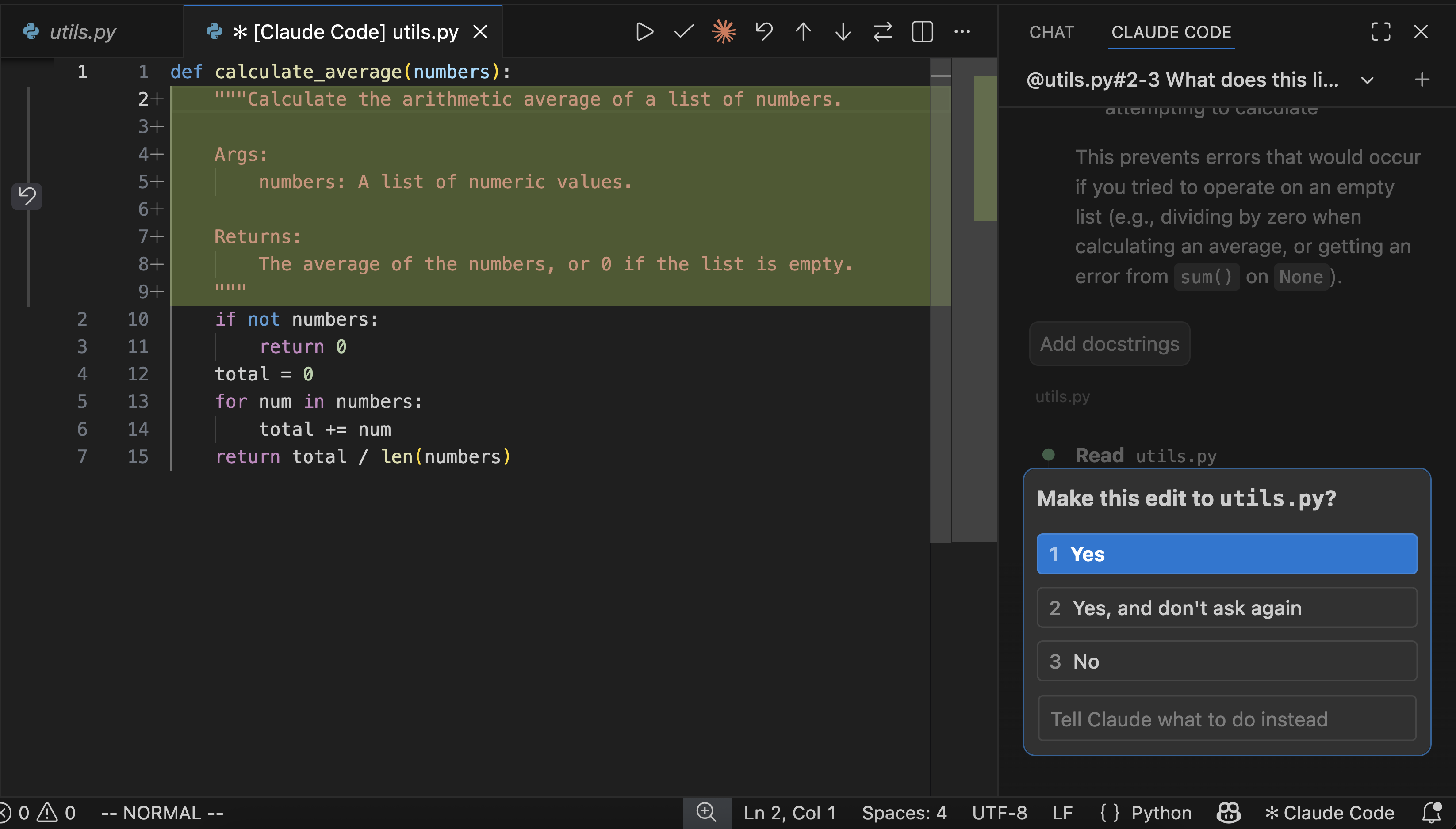 VS Code hiện bảng so sánh thay đổi của Claude kèm nút xin phép