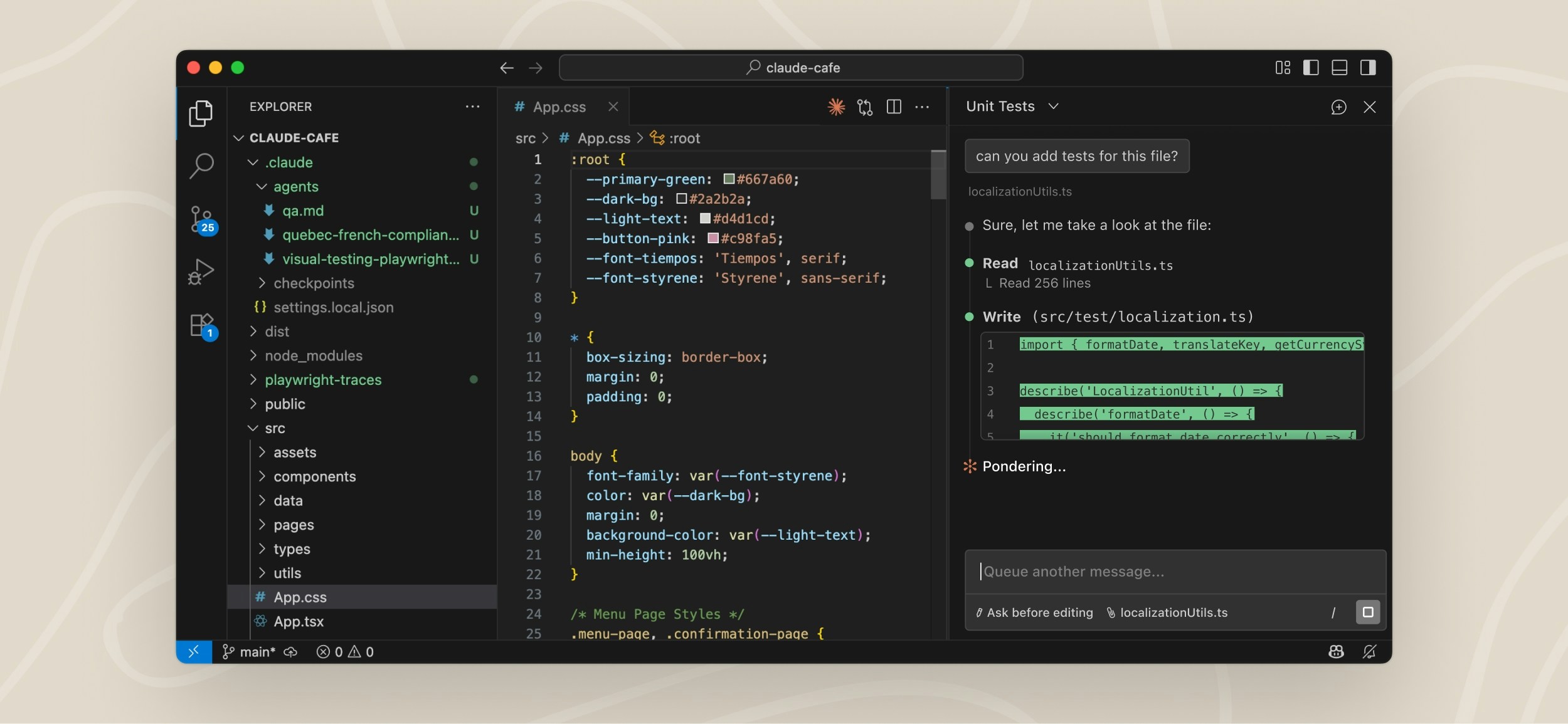 VS Code với khung Claude Code mở bên phải, đang trò chuyện